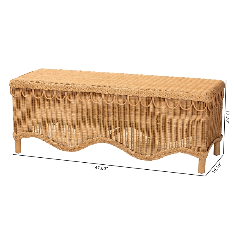 Pemberly Row Bohemian Light Honey Rattan Accent Bench with Scallop border