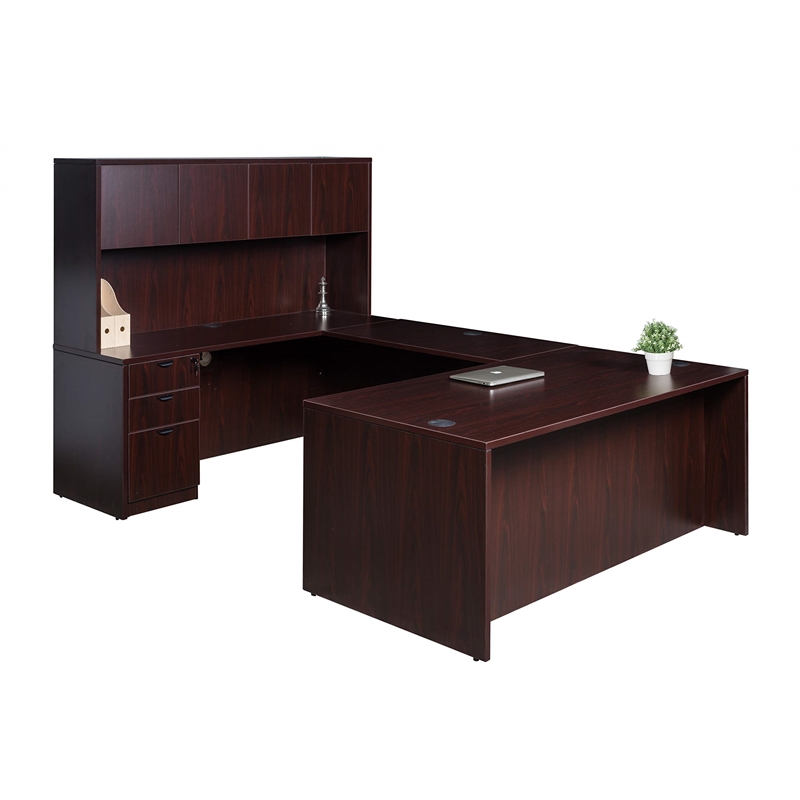 Pemberly Row U-Shape Desk Credenza with Pedestal and Hutch in Mahogany