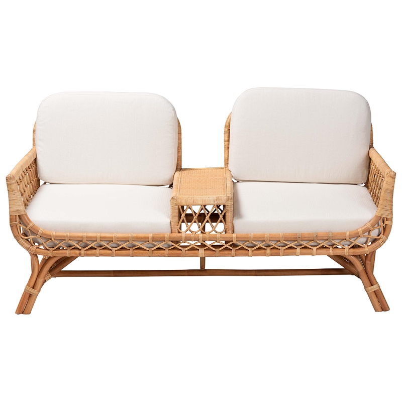 Pemberly Row Modern Bohemian Light Honey Rattan Tete-a-Tete Sofa