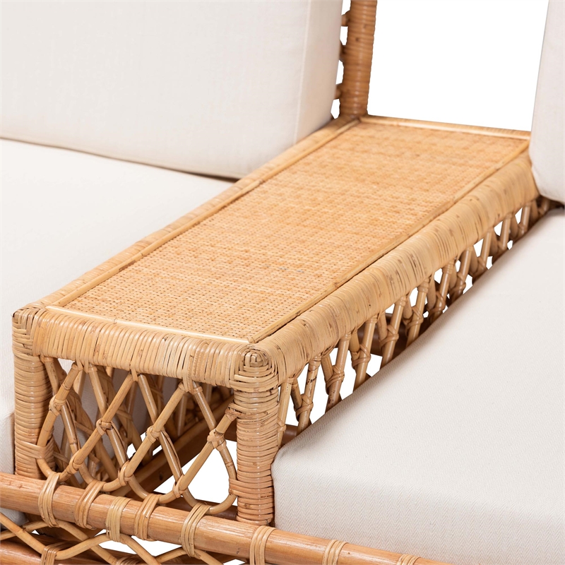 Pemberly Row Modern Bohemian Light Honey Rattan Tete-a-Tete Sofa