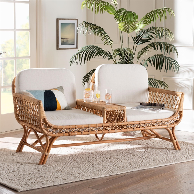 Pemberly Row Modern Bohemian Light Honey Rattan Tete-a-Tete Sofa