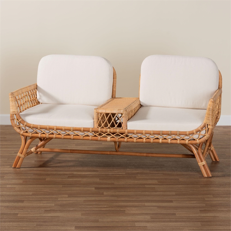 Pemberly Row Modern Bohemian Light Honey Rattan Tete-a-Tete Sofa