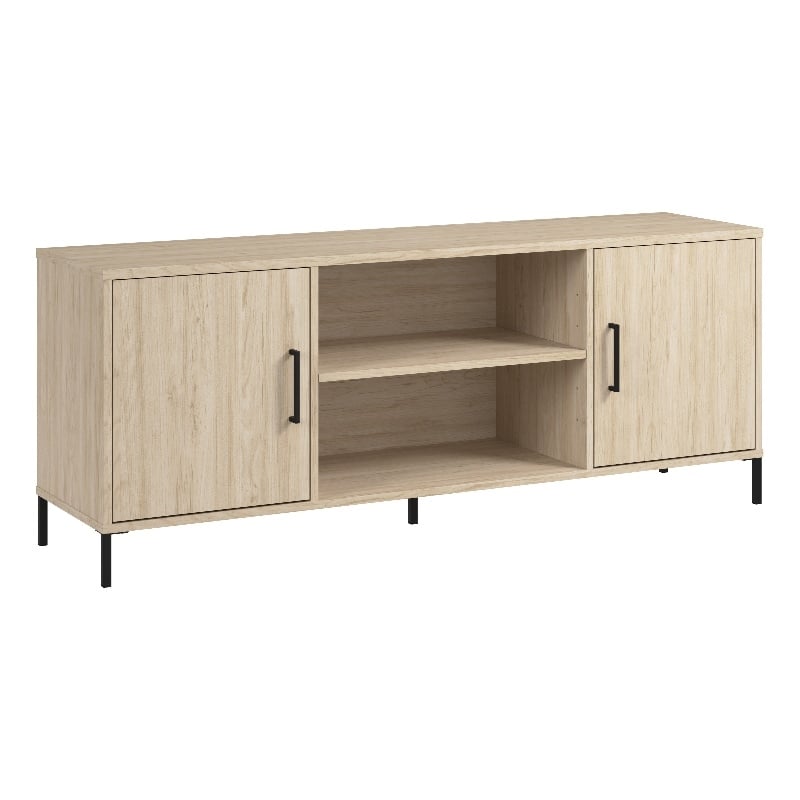 Pemberly Row 58W TV Stand with Doors & Shelves in Natural Elm - Engineered Wood
