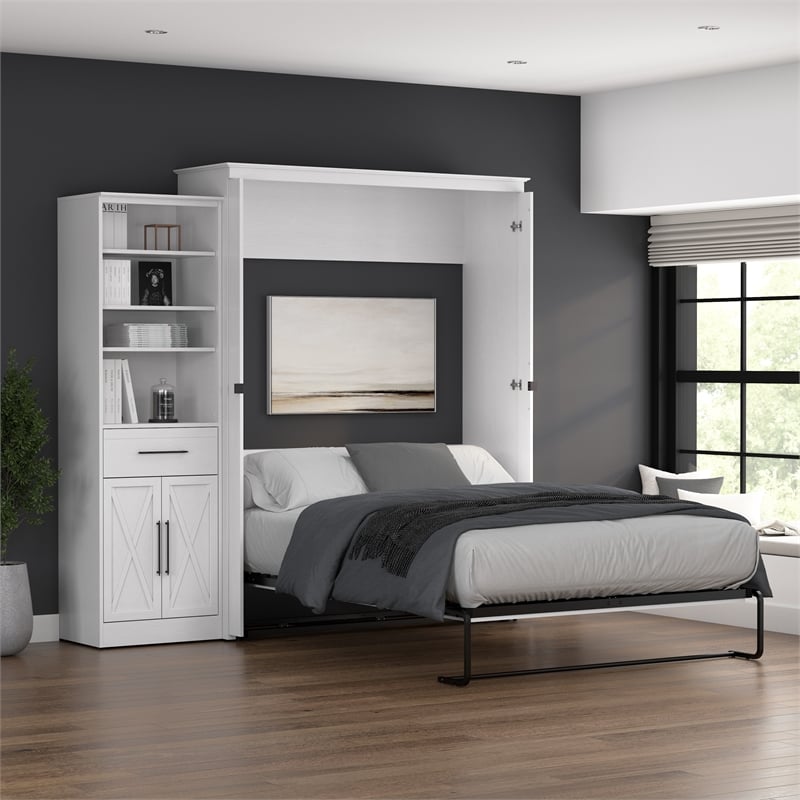 Pemberly Row Queen Murphy Bed with Wardrobe (94W) - Engineered Wood in White