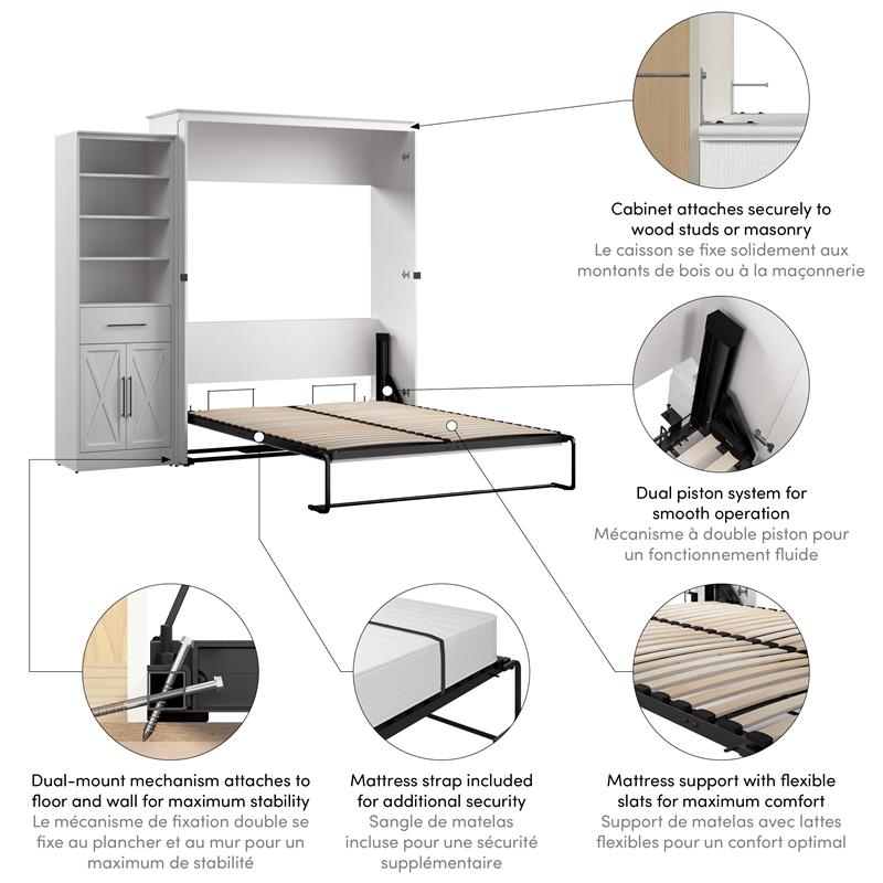 Pemberly Row Queen Murphy Bed with Wardrobe (94W) - Engineered Wood in White