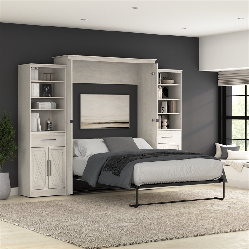 Pemberly Row Queen Murphy Bed and Wardrobes (119W) - Engineered Wood in White
