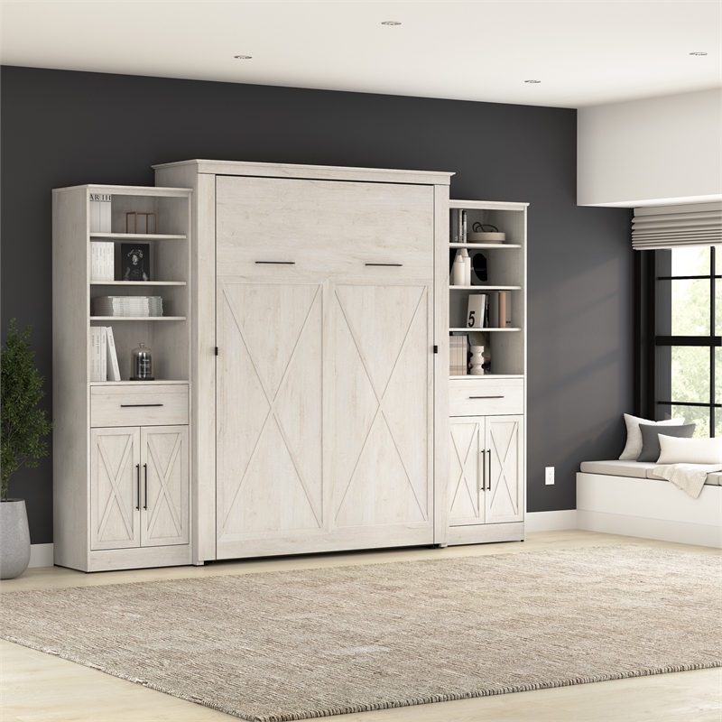 Pemberly Row Queen Murphy Bed and Wardrobes (119W) - Engineered Wood in White