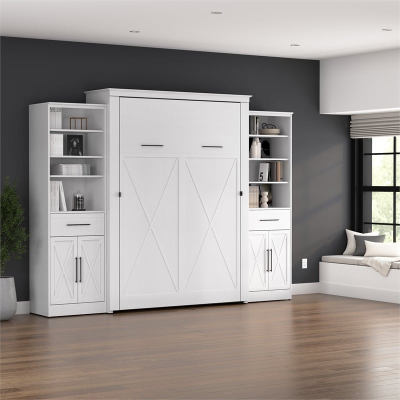 Pemberly Row Queen Murphy Bed and Wardrobes (119W) - Engineered Wood in White