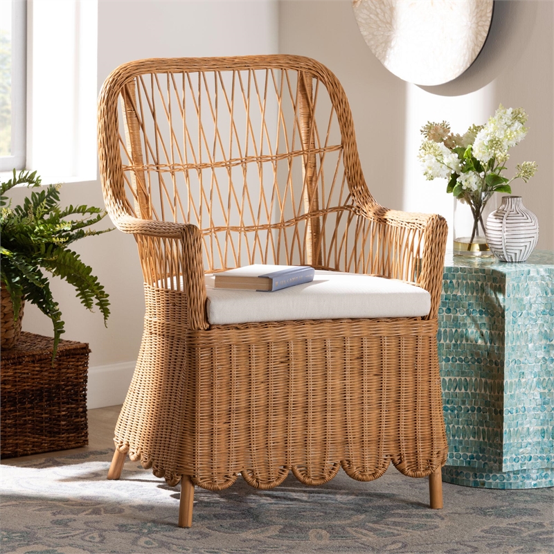 Pemberly Row Bohemian Light Honey Scalloped Rattan Arm Chair