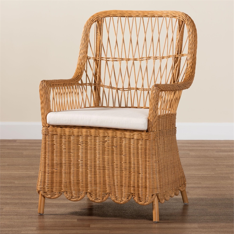 Pemberly Row Bohemian Light Honey Scalloped Rattan Arm Chair