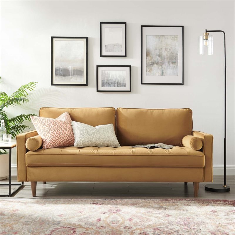 Pemberly Row Modern Style Performance Velvet Sofa in Cognac Finish