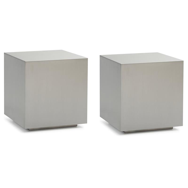 Pemberly Row Set of 2 Cube Modern Brushed Stainless Steel End Tables in Gray