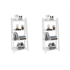 Pemberly Row Set of 2 4-Shelf Ladder Bookcases with Open Storage in White