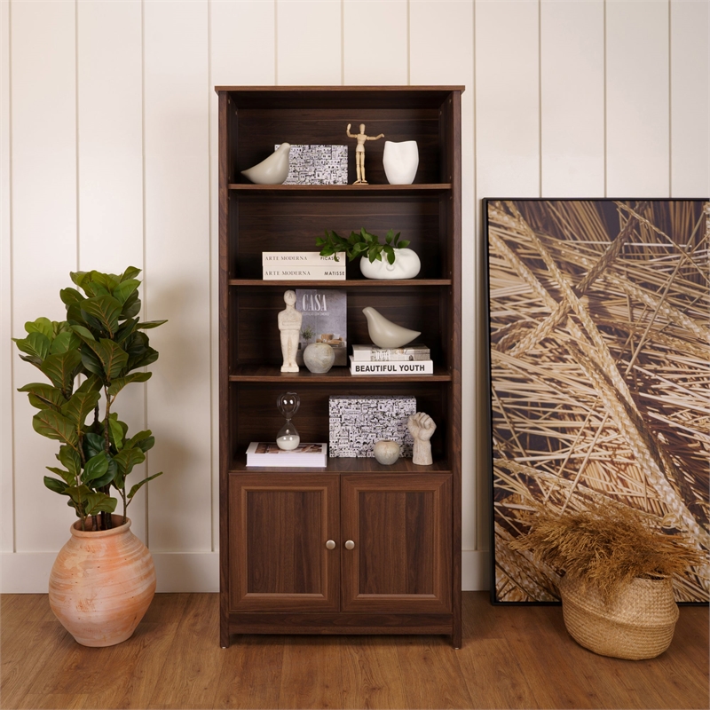 Pemberly Row Set of 2 Modern Door Bookcases in Walnut Finish