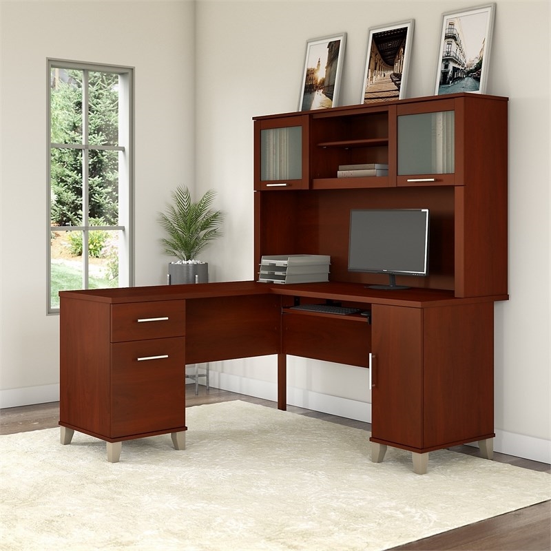Pemberly Row Transitional Wood 60W L-Shaped Desk with Hutch in Hansen Cherry