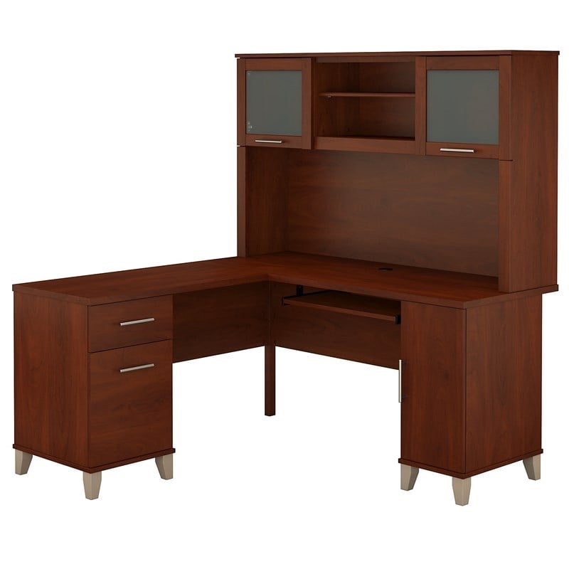 Pemberly Row Transitional Wood 60W L-Shaped Desk with Hutch in Hansen Cherry