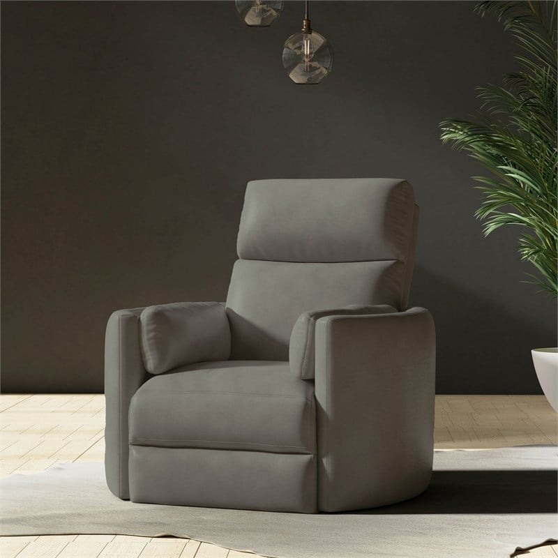 Pemberly Row Leather Power Cordless Swivel Glider Recliner in Gray