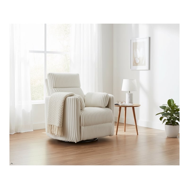 Pemberly Row Modern Chenille Fabric Swivel Glider Recliner in Ivory