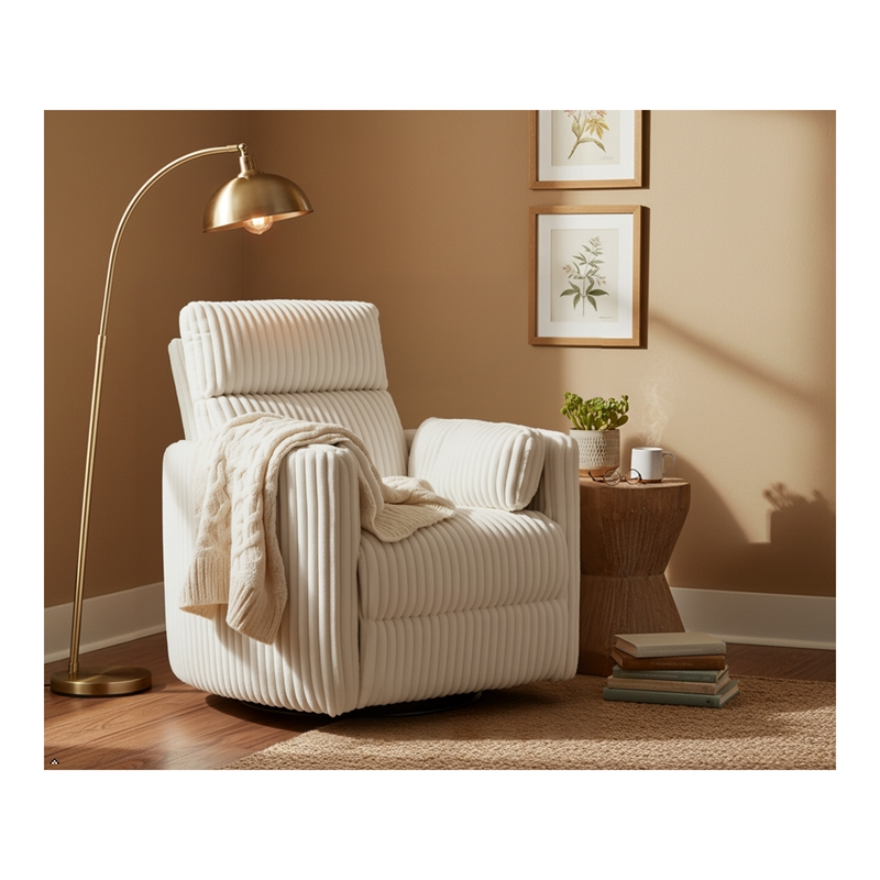 Pemberly Row Modern Chenille Fabric Swivel Glider Recliner in Ivory