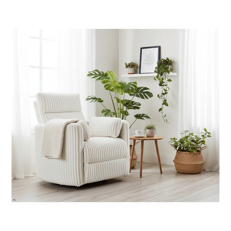 Pemberly Row Modern Chenille Fabric Swivel Glider Recliner in Ivory