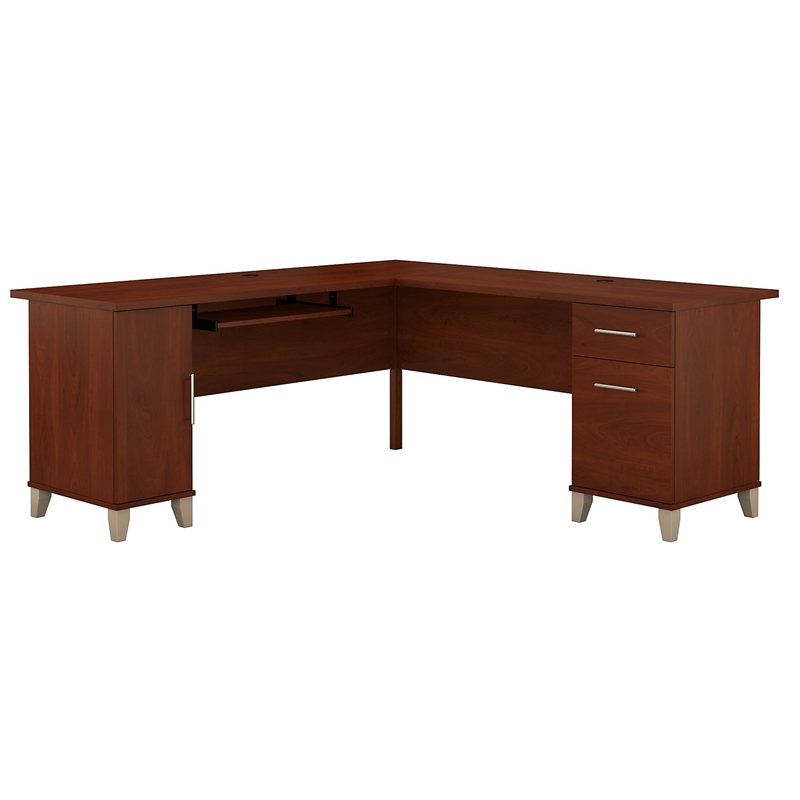 Pemberly Row Set of 2 72W Wood Hutch and L-Shaped Desk in Hansen Cherry