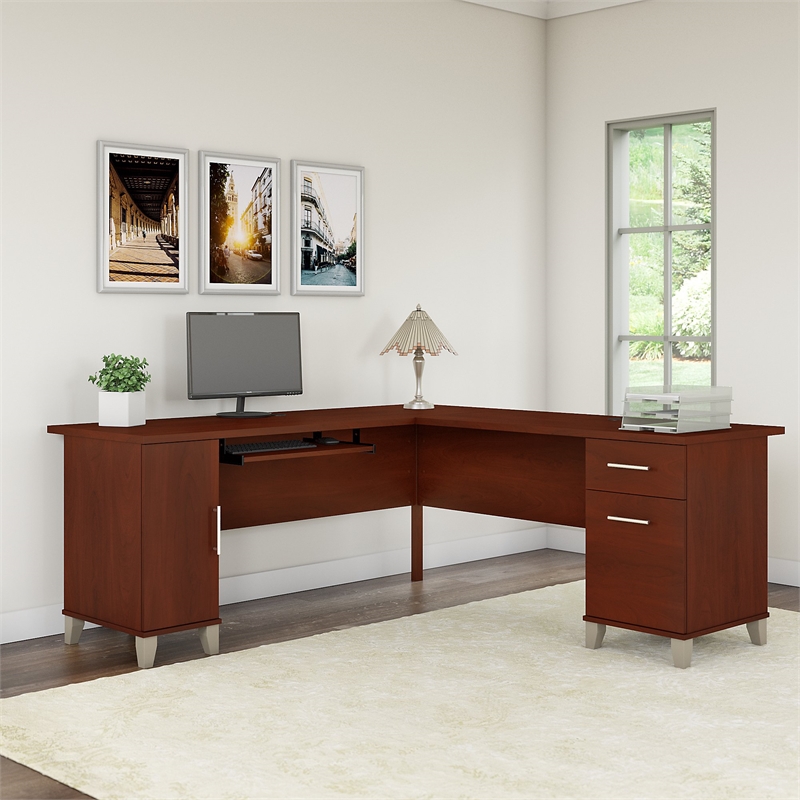 Pemberly Row Set of 2 72W Wood Hutch and L-Shaped Desk in Hansen Cherry