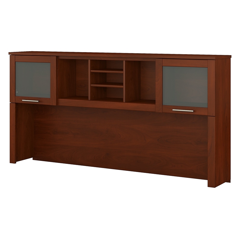 Pemberly Row Set of 2 72W Wood Hutch and L-Shaped Desk in Hansen Cherry