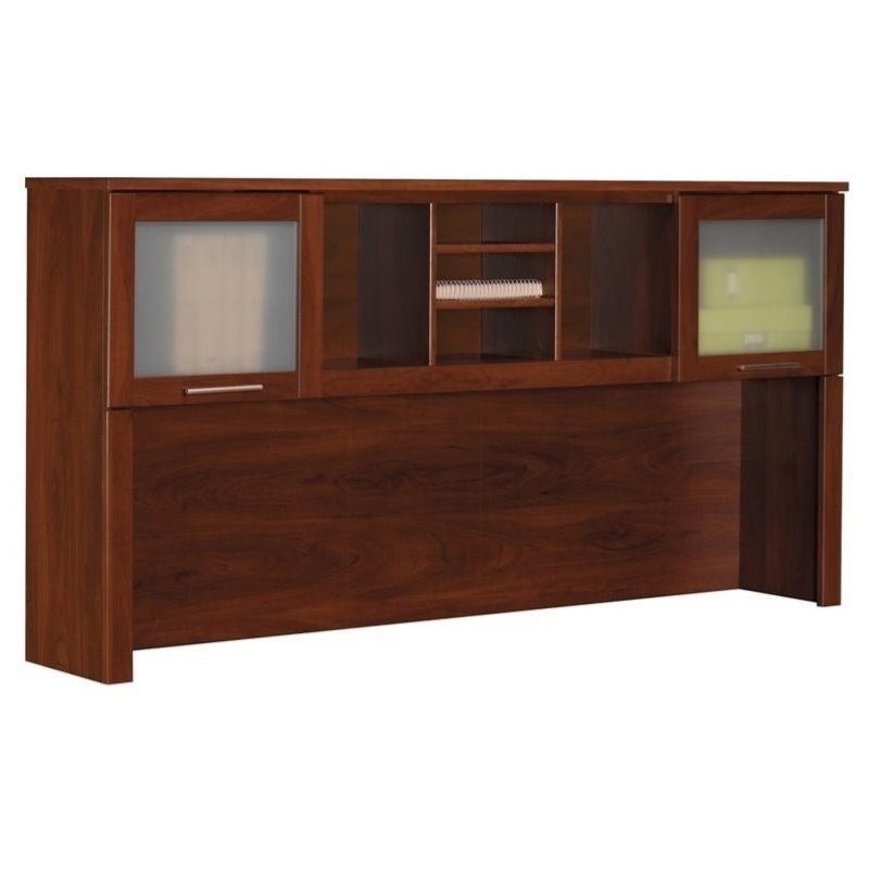 Pemberly Row Set of 2 72W Wood Hutch and L-Shaped Desk in Hansen Cherry