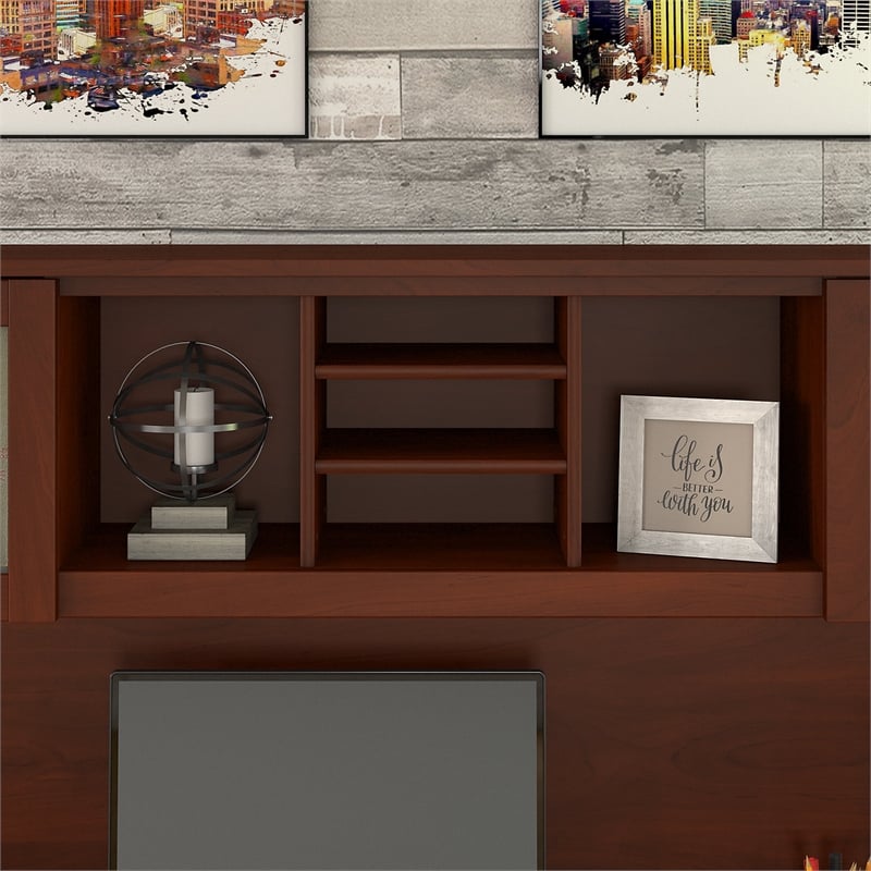 Pemberly Row Set of 2 72W Wood Hutch and L-Shaped Desk in Hansen Cherry