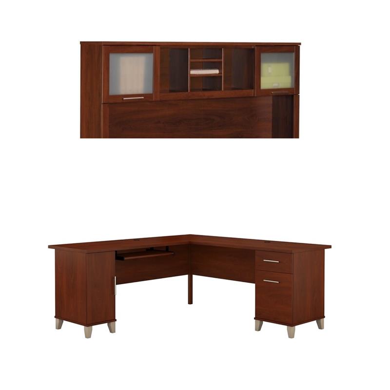 Pemberly Row Set of 2 72W Wood Hutch and L-Shaped Desk in Hansen Cherry