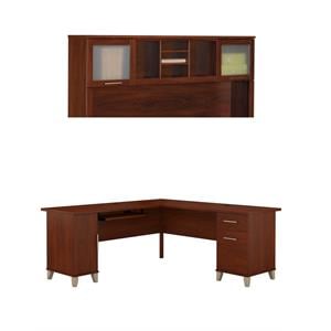 Pemberly Row Set of 2 72W Wood Hutch and L-Shaped Desk in Hansen Cherry