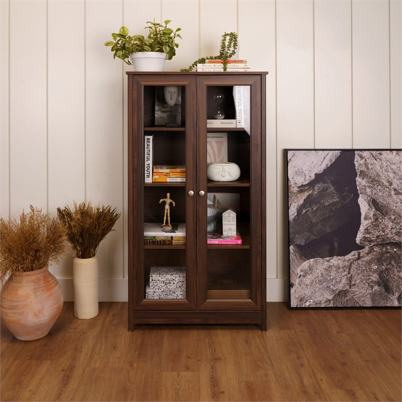 Pemberly Row Set of 2 Contemporary Walnut Bookcases for Home Decor
