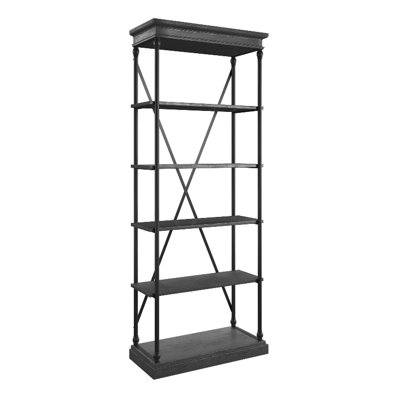 Pemberly Row Set of 2 Etagere 5-Shelf Wood & Metal Bookcases in Antique Black