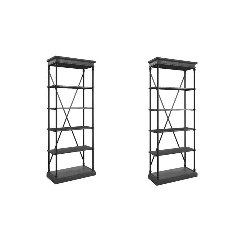 Pemberly Row Set of 2 Etagere 5-Shelf Wood & Metal Bookcases in Antique Black