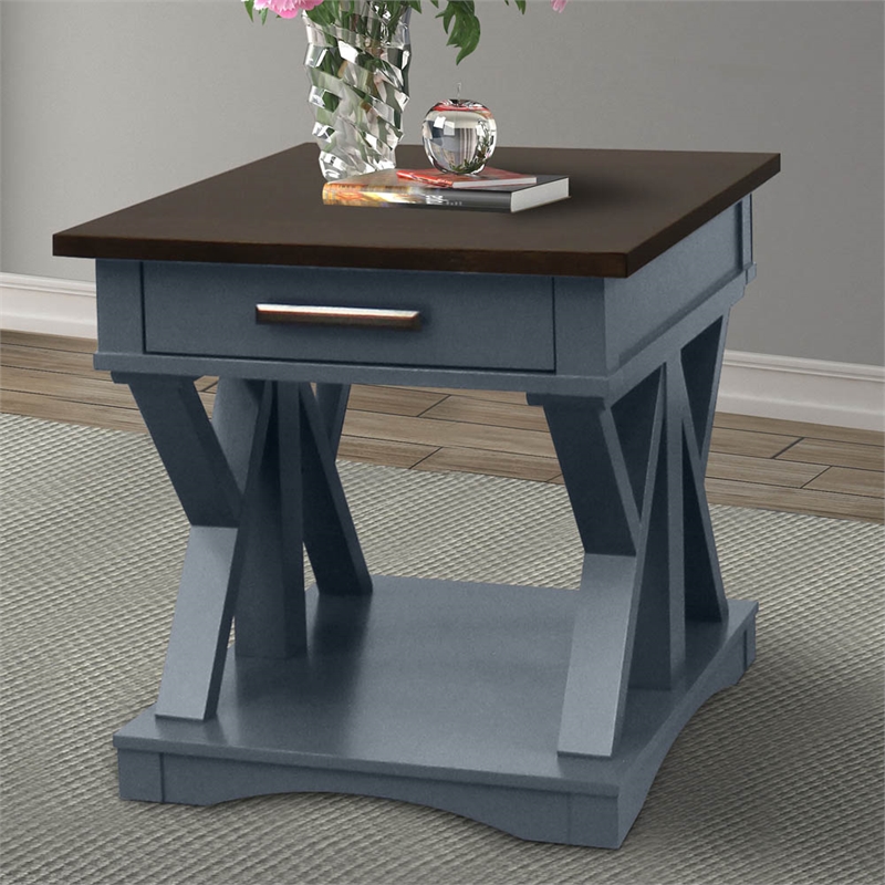 Pemberly Row Set of 2 Contemporary Wood End Tables in Denim Blue/Gray