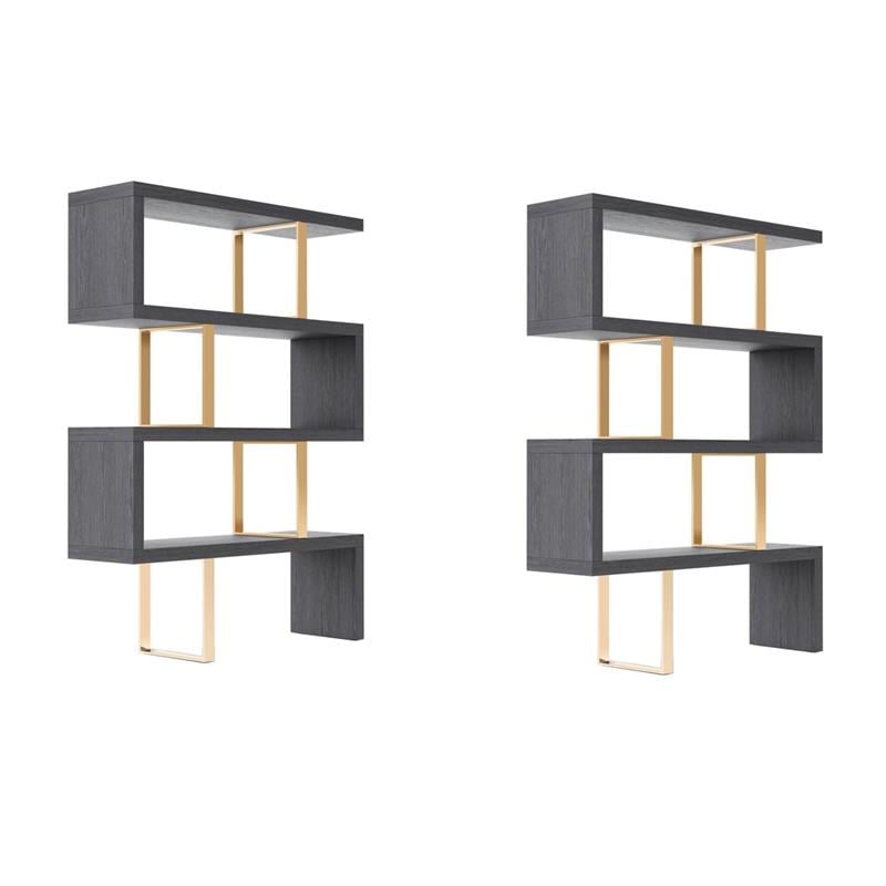 Pemberly Row Set of 2 Wood Veneer & Stainless Steel Bookcases in Elm Gray/Gold