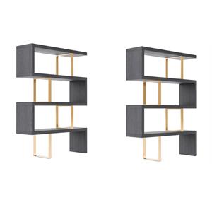 Pemberly Row Set of 2 Wood Veneer & Stainless Steel Bookcases in Elm Gray/Gold