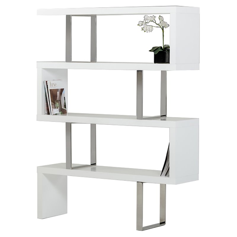 Pemberly Row Set of 2 Modern MDF & Stainless Steel Bookcases in White High Gloss