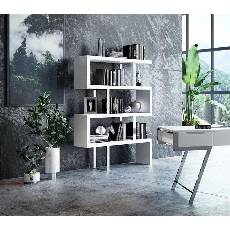 Pemberly Row Set of 2 Modern MDF & Stainless Steel Bookcases in White High Gloss