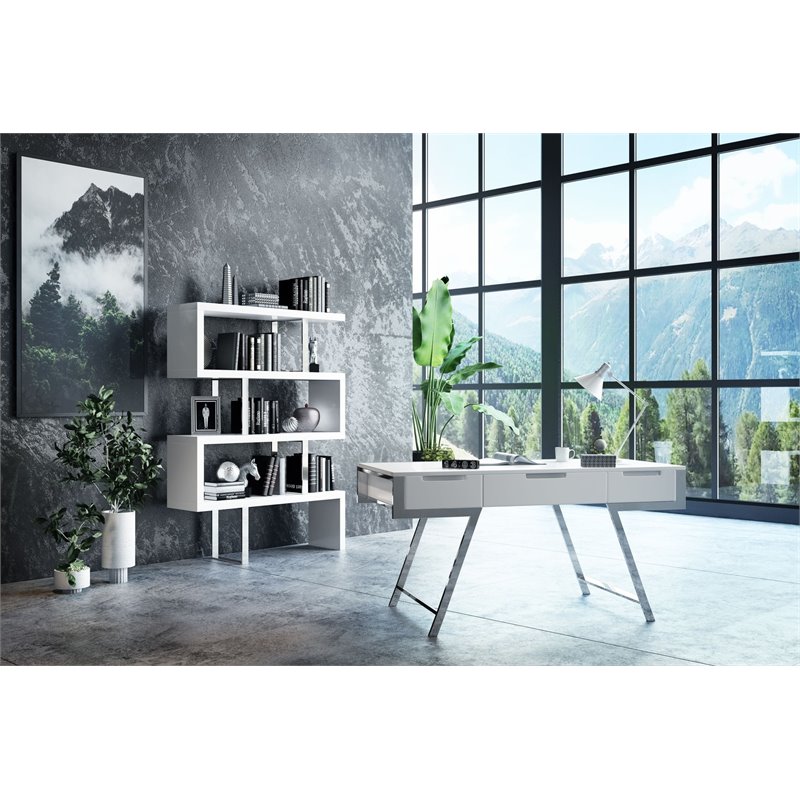 Pemberly Row Set of 2 Modern MDF & Stainless Steel Bookcases in White High Gloss