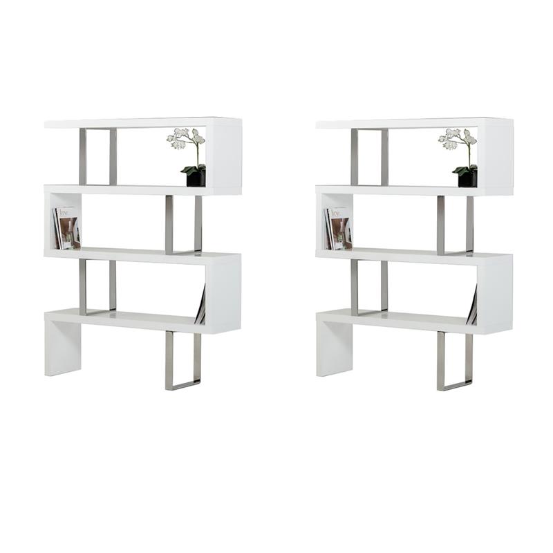 Pemberly Row Set of 2 Modern MDF & Stainless Steel Bookcases in White High Gloss