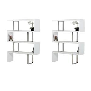 Pemberly Row Set of 2 Modern MDF & Stainless Steel Bookcases in White High Gloss
