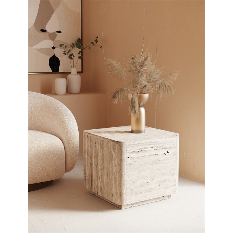 Pemberly Row Set of 2 Contemporary Travertine Square End Tables