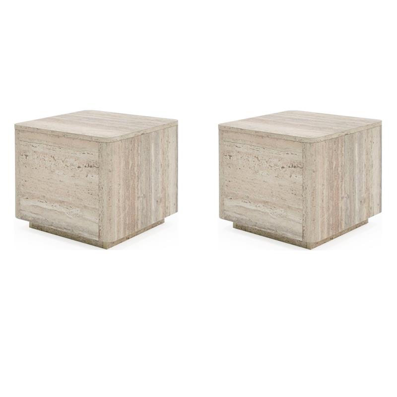 Pemberly Row Set of 2 Contemporary Travertine Square End Tables
