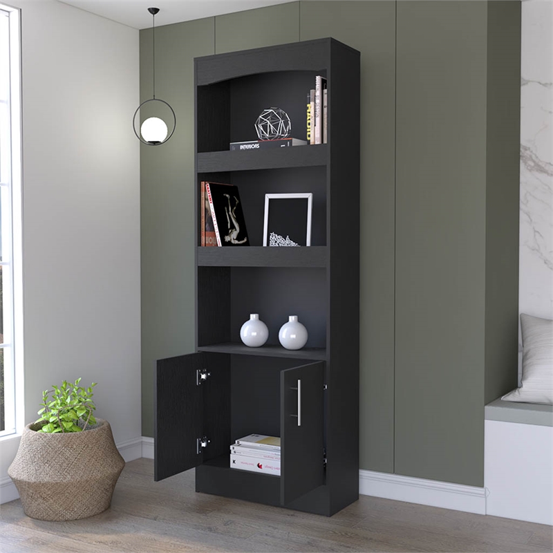 Pemberly Row Set of 2 Bookcases Double Door Cabinet Black Engineered Wood