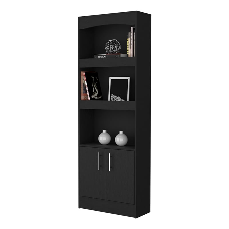 Pemberly Row Set of 2 Bookcases Double Door Cabinet Black Engineered Wood