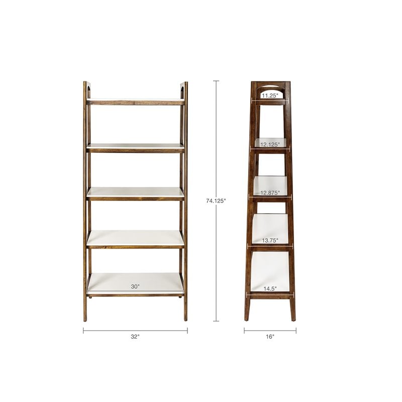 Pemberly Row Set of 2 Mid-Century Rubber Wood Bookcases in Off White/Pecan