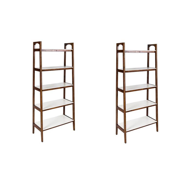 Pemberly Row Set of 2 Mid-Century Rubber Wood Bookcases in Off White/Pecan