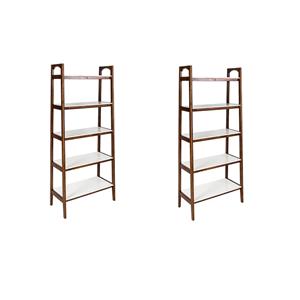 Pemberly Row Set of 2 Mid-Century Rubber Wood Bookcases in Off White/Pecan
