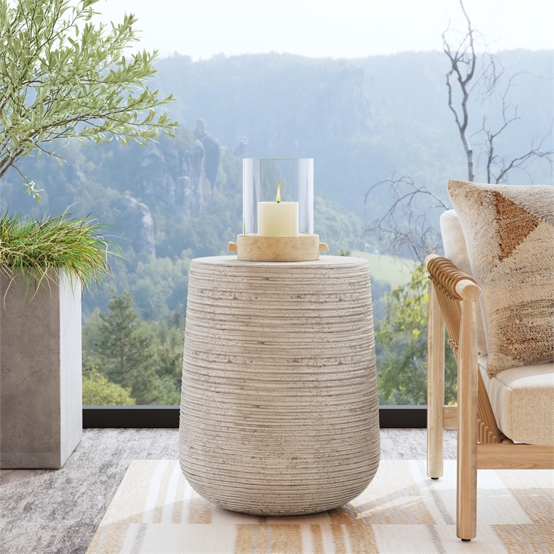 Pemberly Row Set of 2 Concrete Stone Outdoor End Tables in Rough Light Gray